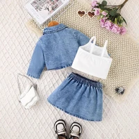 Robe en Denim bleu élégante pour petites filles, tenue décontractée, ensemble trois pièces, veste à manches longues, gilet, boutons métalliques, jupe plissée 2