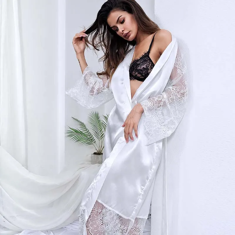 Fashion Sexy Pajama Women Bathrobe Lace Lingerie Milk Silk Top Comfortable Ladies V Long-Sleeve Nightdress Sleepwear women sleepwear sleepwear pajamas