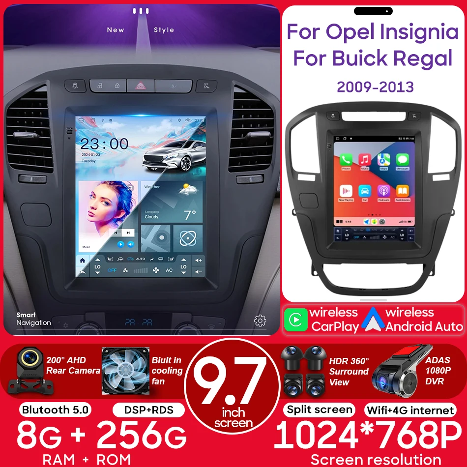 Radio Multimedia para Auto con Android Carplay de 9.7 Pulgadas, Reproductor de Video, Navegación, Unidad Principal 2DIN para Opel Insignia Buick Regal 2009-2013 1
