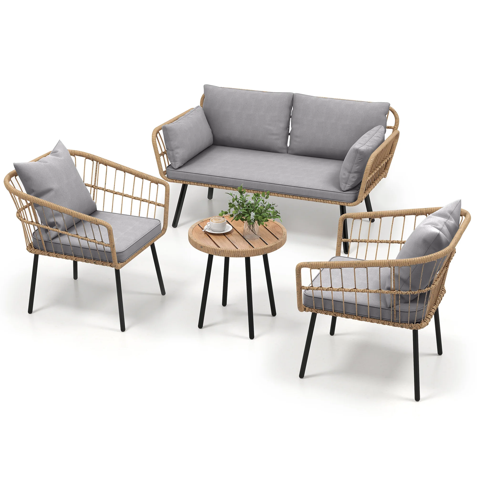 4PCS Patio Outdoor Furniture Set Sofa Sectional Wicker Rattan Loveseat Chairs All-Weather Conversation Loveseat Chairs
