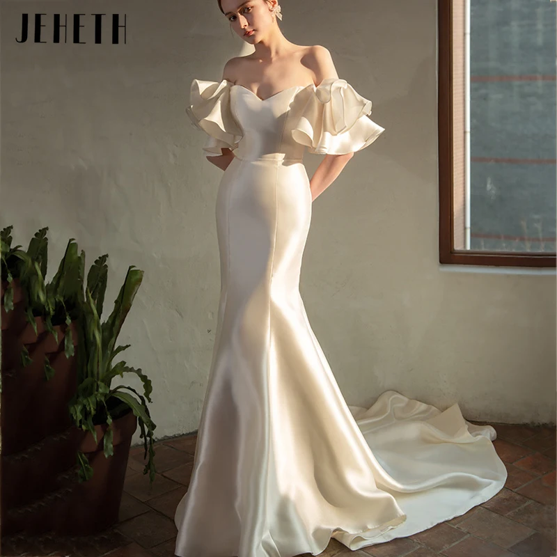 

JEHETH Simple Satin Mermaid Wedding Dresses For Bride Off Shoulder Sweetheart vestido de noiva Elegant Lace Up Back Bridal Gowns