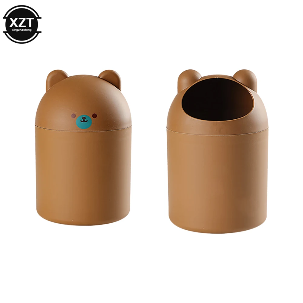 Cute Bear Desktop Trash Can Mini Children Student Storage Bucket With Lid Household Creative Living Room Bedroom Rubbish Bin Box