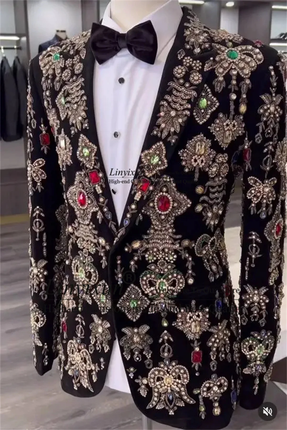 Luxury Beaded Crystals Men Suits 2 Pieces Sets Male Prom Blazers Peaked Lapel Groom Wedding Tuxedos Customized Costume Homme 2