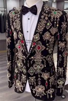 Luxury Beaded Crystals Men Suits 2 Pieces Sets Male Prom Blazers Peaked Lapel Groom Wedding Tuxedos Customized Costume Homme 2