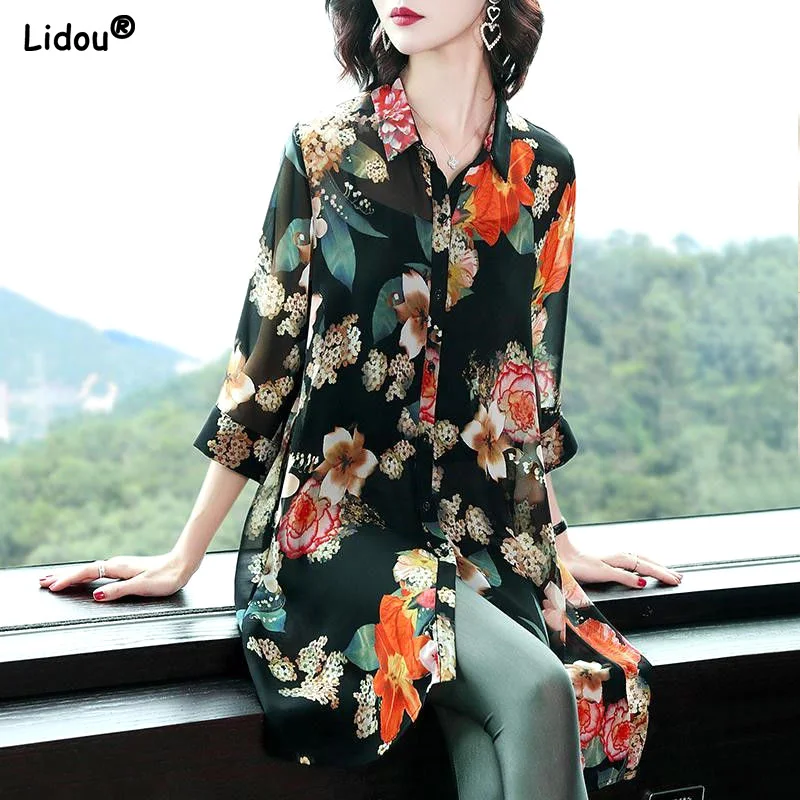 Loose Long Blouses Thin Turn-down Collar Printing Women's Clothing Floral Button Korean Fashion Casual Spring Summer Oversized