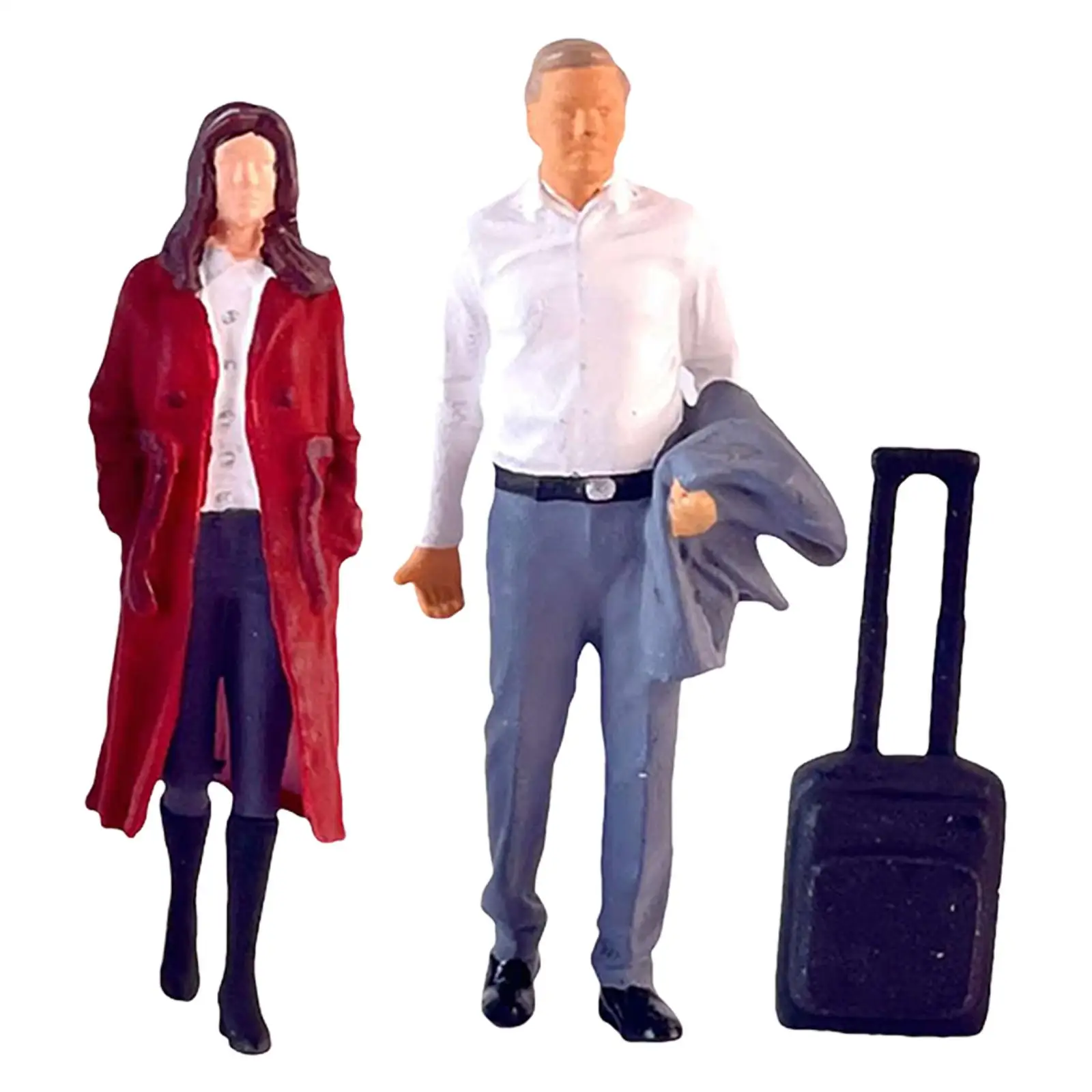 2 Pieces 1:64 Scale Women and Men Figures with Suitcase Model Layout Movie Props Fairy Garden S Gauge Resin Figurines Decoration
