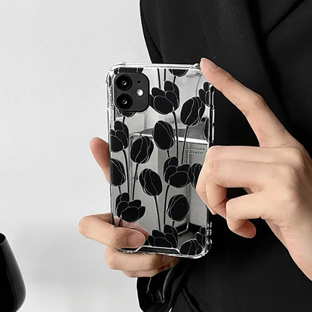 Aesthetic Black Tulip Wavy Phone Case for iPhone 15 Pro Max 14 