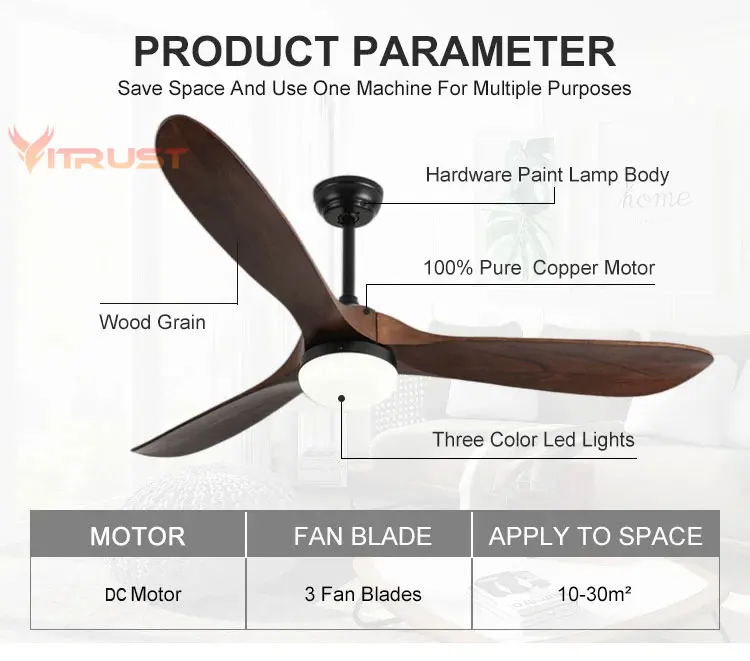 Description Picture 6 of itemModern Creative Ceiling Fan No Light With Remote Control, DC motor quiet energy saving 3 Solid Wood Blades Pendant Fan