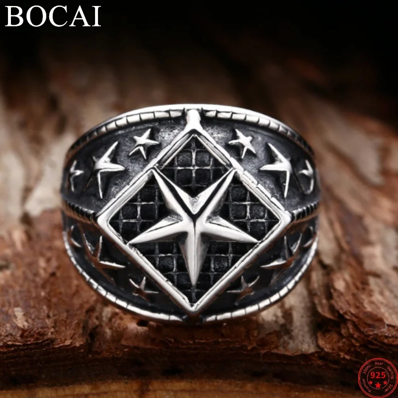 

BOCAI S925 Sterling Silver Charms Rings for Women Men New Fashion Retro Relief Five Pointed Stars Punk Jewelry Free Shipping