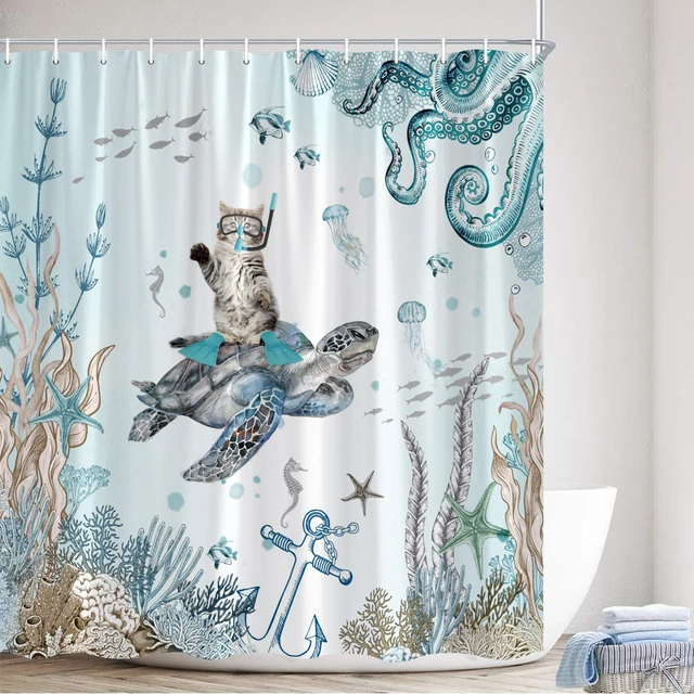 Funny Cat Sea Turtle Shower Curtains Octopus Seahorse Starfish Seaweed  Scenery Cartoon Animals Bathroom Decor Bath