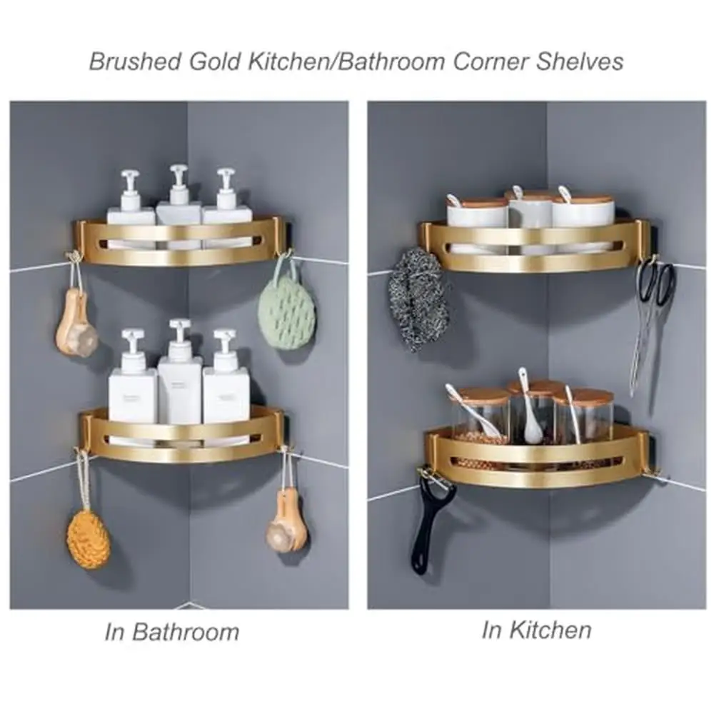 Brushed Gold 2-Pack Bathroom Shelves Shower Corner Caddy Organizer Rust Resistant Aluminum Construction Easy Install Adhesive or 3