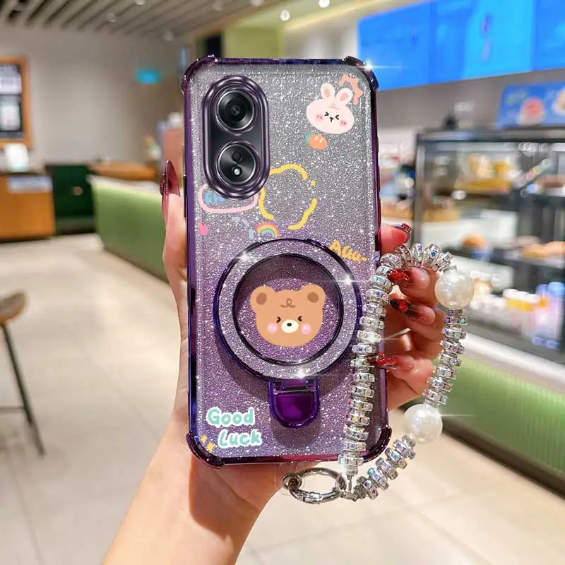 Pearl Strap Glitter Cute Bear Phone Holder Case