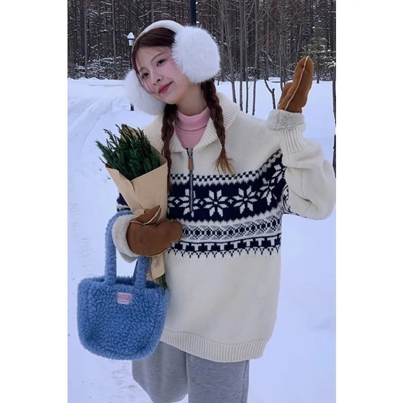 Vintage Autumn and Winter Women's Lapel Neck Long-sleeved Zip-neck Sweater Fashionable and Elegant Knitwear Jumper