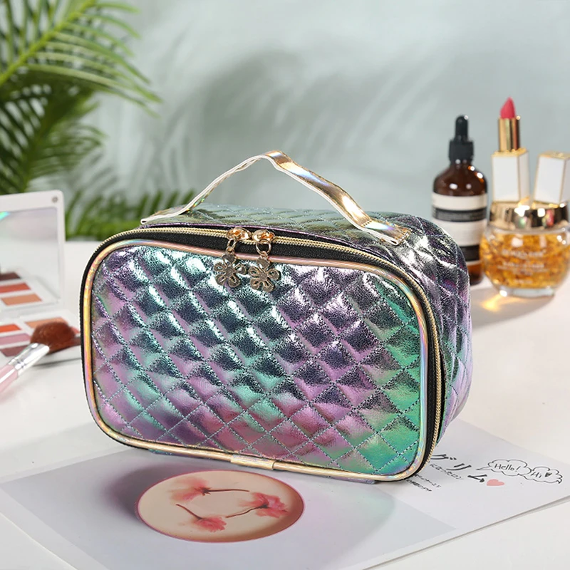 

New Fashion Cosmetic Case High Capacity Makeup Bag Pu Portable Casual Square Lattice Women Storage Wash Bag 2023