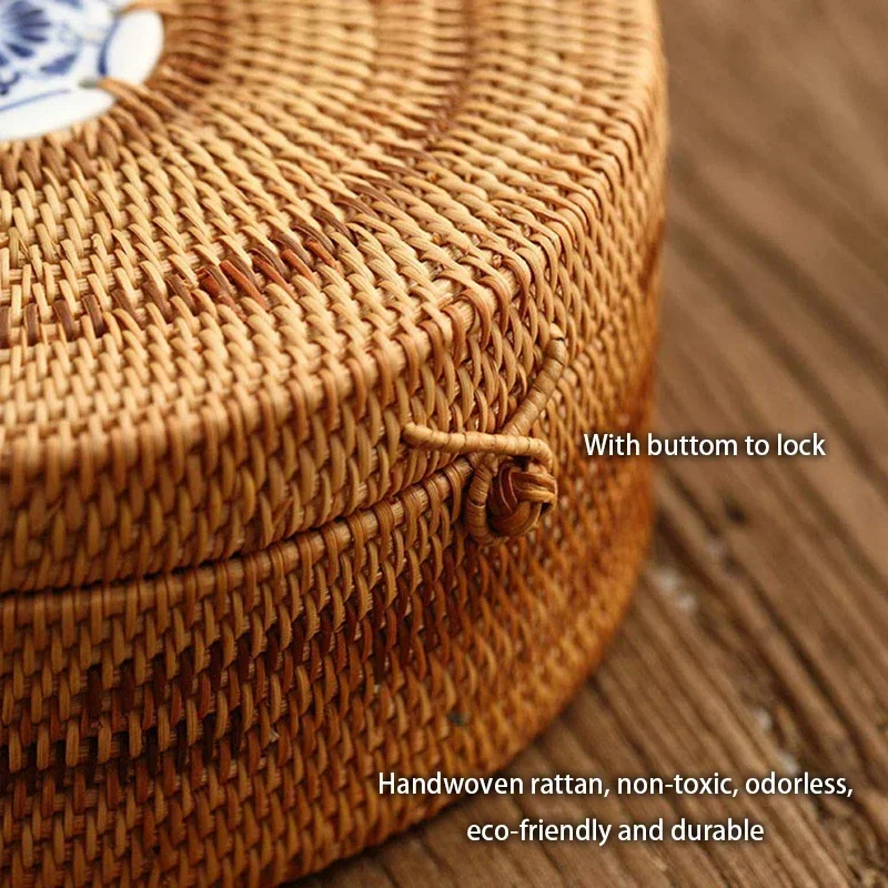 

Kitchen Wicker Tea Container Organizer Box Ornament With Rattan Basket Fruit Storage Picnic Cake Handwoven Bread Lid Food