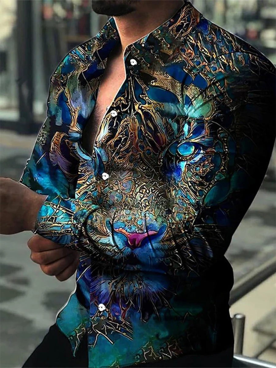 New Men's Shirts Long Sleeves Digital Printing Lapel Buttons Fall Casual Shirts Nightclub Prom Fashion High Quality Men's Tops