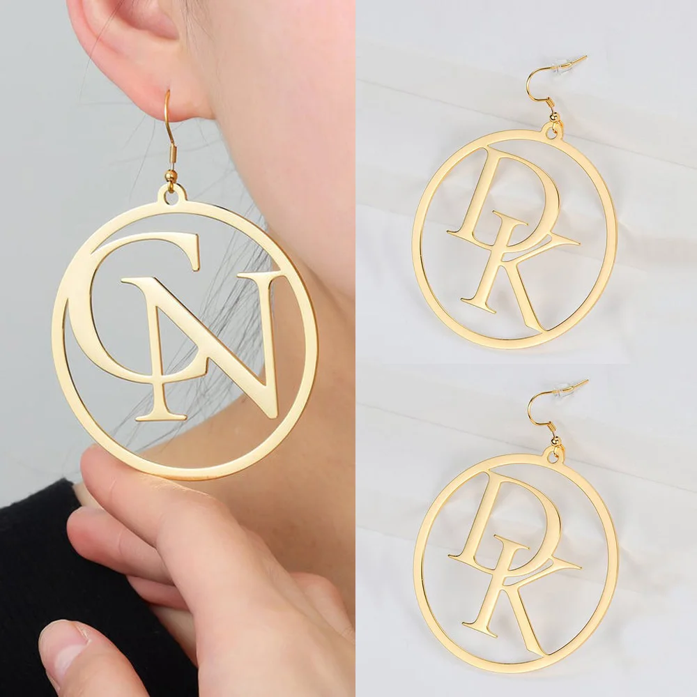 Mini-World Custom Two Letter Hoop Earrings Stainless Steel Personality Name Circle Earring for Women Anniversary Charm Jewelry