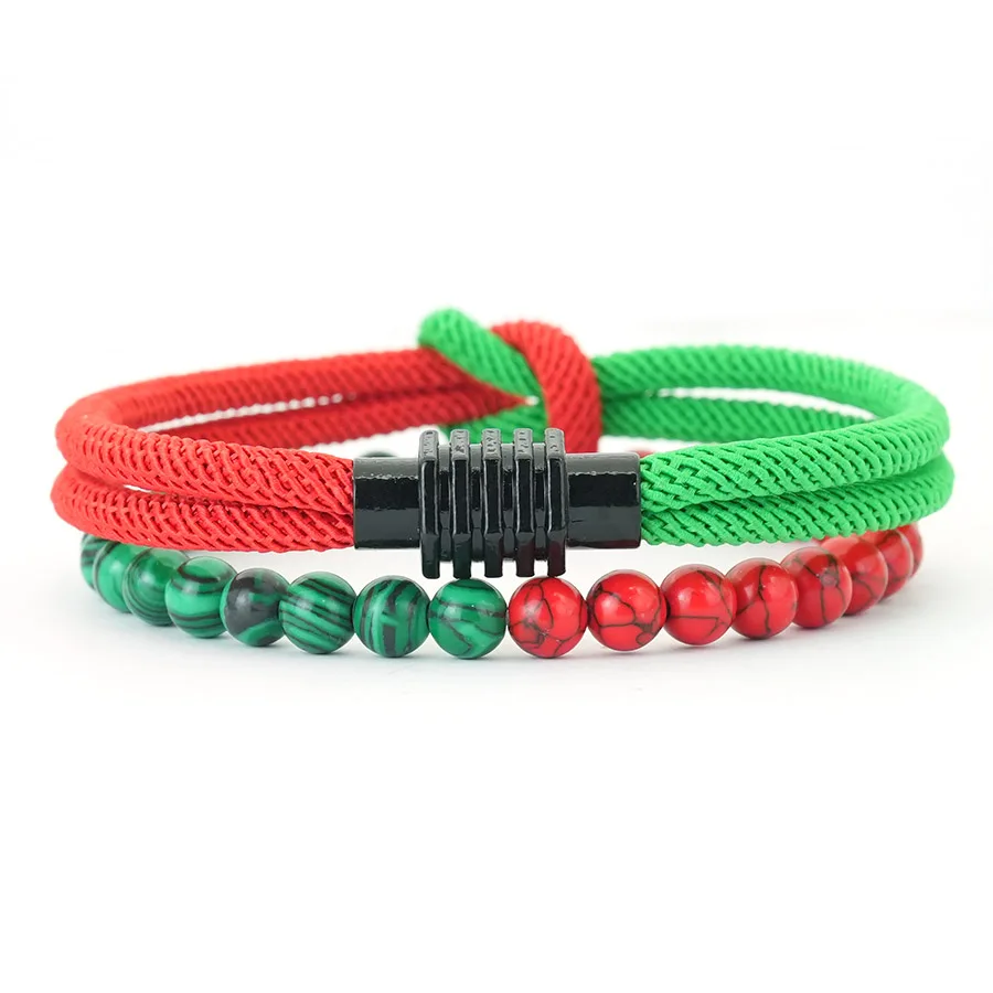 Green Red Howlite Beaded Christmas Bracelet Set For Men