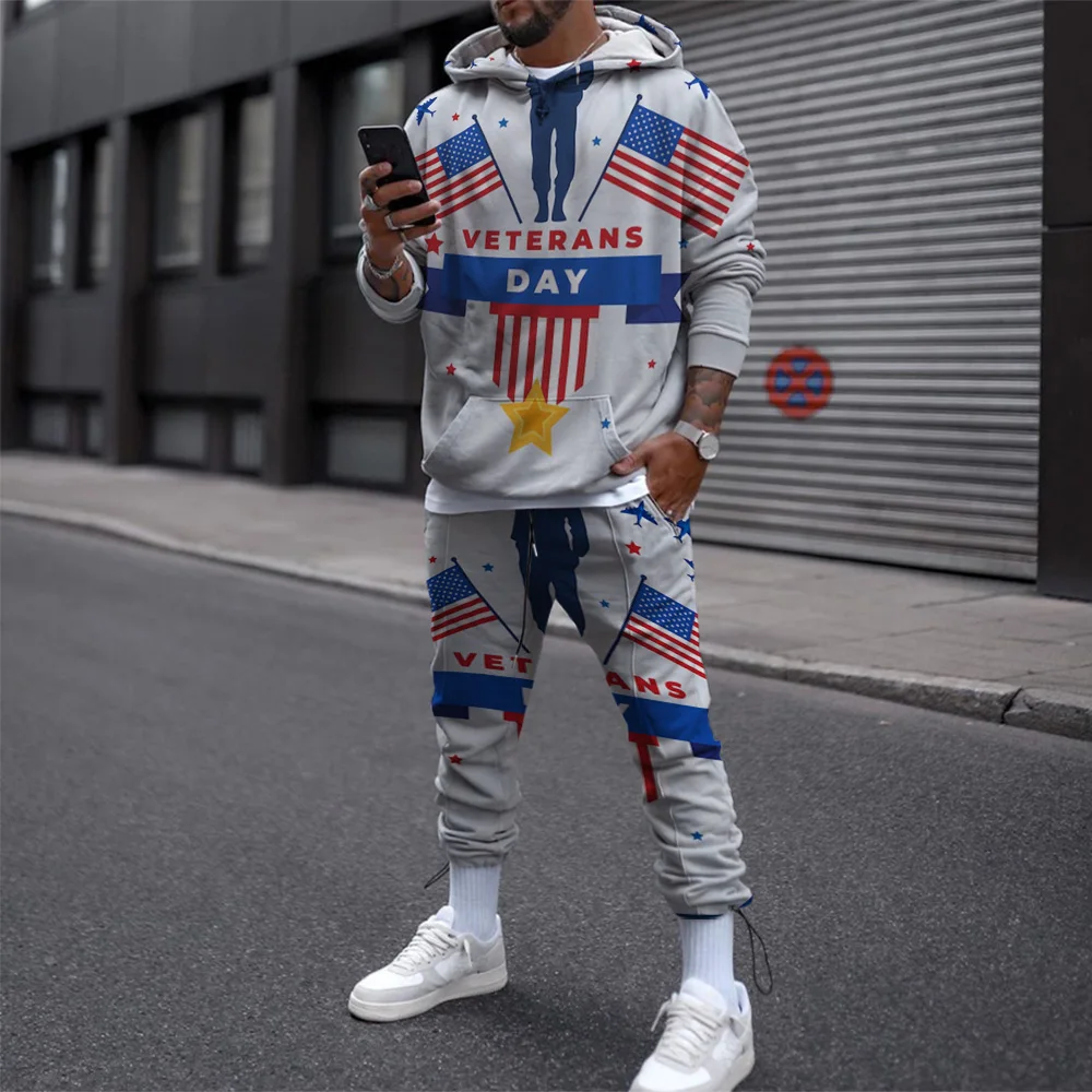 2 Piece Suit Hoodies For Men Autumn 3D Printed Hoodie Happy Veterans Day Festival Men’s Casual Pullover Hooded Sweatshirt Set