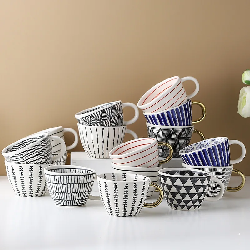 

Hand Painted Geometric Ceramic Mugs With Gold Handle Handmade Irregular Cups For Coffee Tea Milk Oatmeal Mug Birthday Gifts