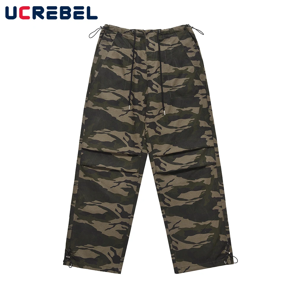 

Camouflage Casual Cargo Pants Mens Autumn Loose Streetwear Pleated Drawstring Straight-leg Pants Men