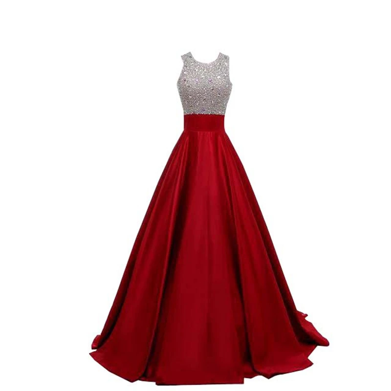 

Jewel Neck Beaded Red Prom Dresses Long A Line Evening Gowns with Opne Back Robe De Soiree