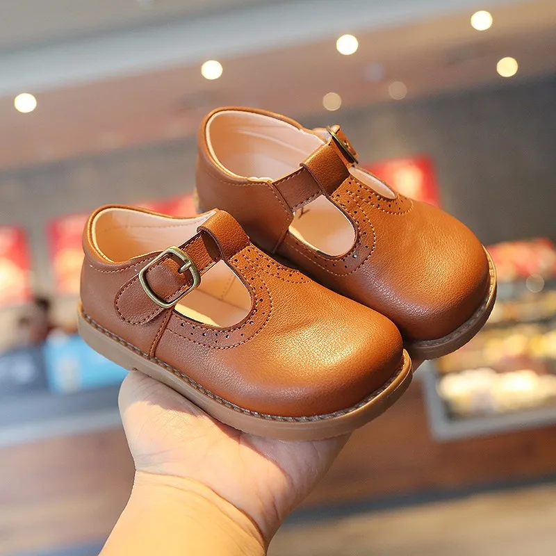 Children Mary Janes British Style T-strap Three Colors Vintage 21-30 Little Girl's Leather Shoes All-mtach School Kids Flats
