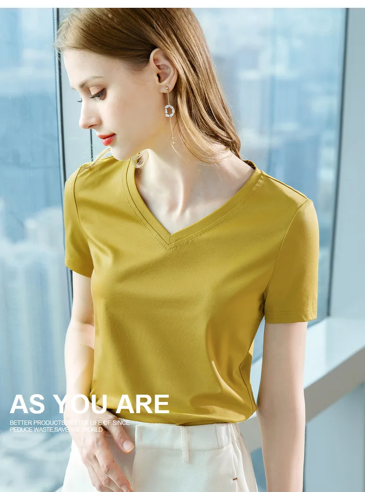 Ice Sensitive Silk Cotton V-neck Short Sleeved T-shirt for Women's Solid Round Neck Basic Commuting Elastic Oversized Top
