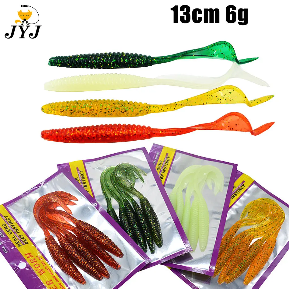 JYJ Long Tail Fishing Lure Soft Bait 5 pieces a bag 13cm 6g Screw Thread  Single Sickle Tails Worm Grub Artificial Lures for bass