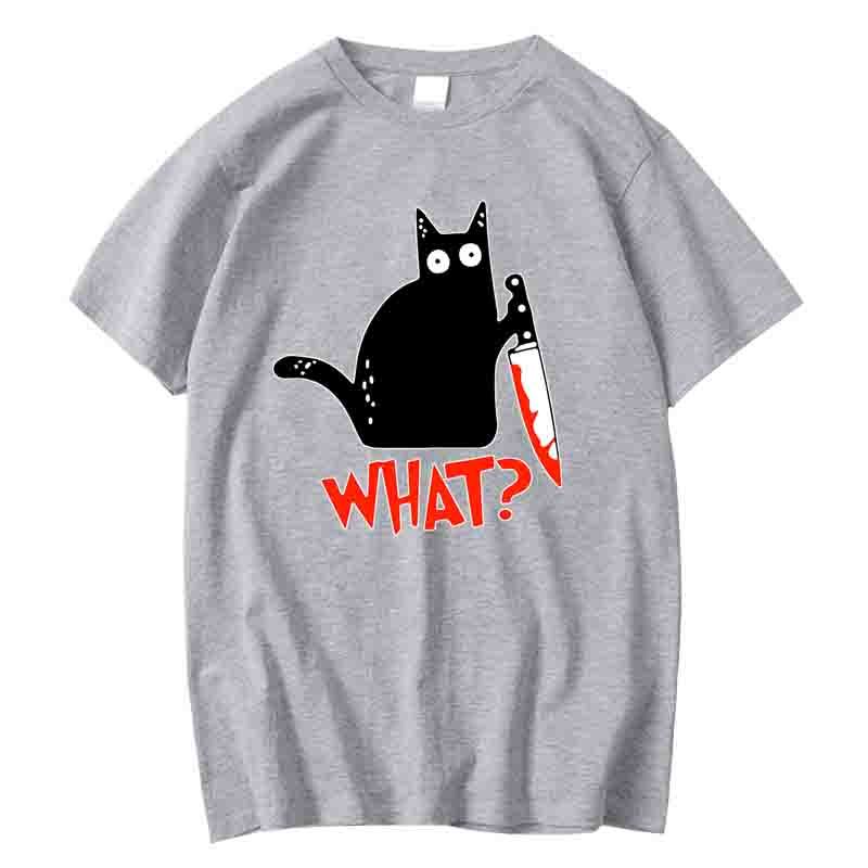 Funny Knife Cat Cartoon Printed T-Shirt Men Fashion Casual Short Sleeves Loose Oversized Cotton Tshirt Summer Breathable Tees