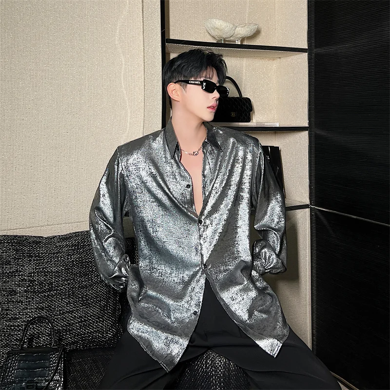 NOYMEI Long Sleeve Silver Fashionable Men Shirt Lapel Single Breasted Loose Reflect Light Nightclub Korean Style Male Top WA2575
