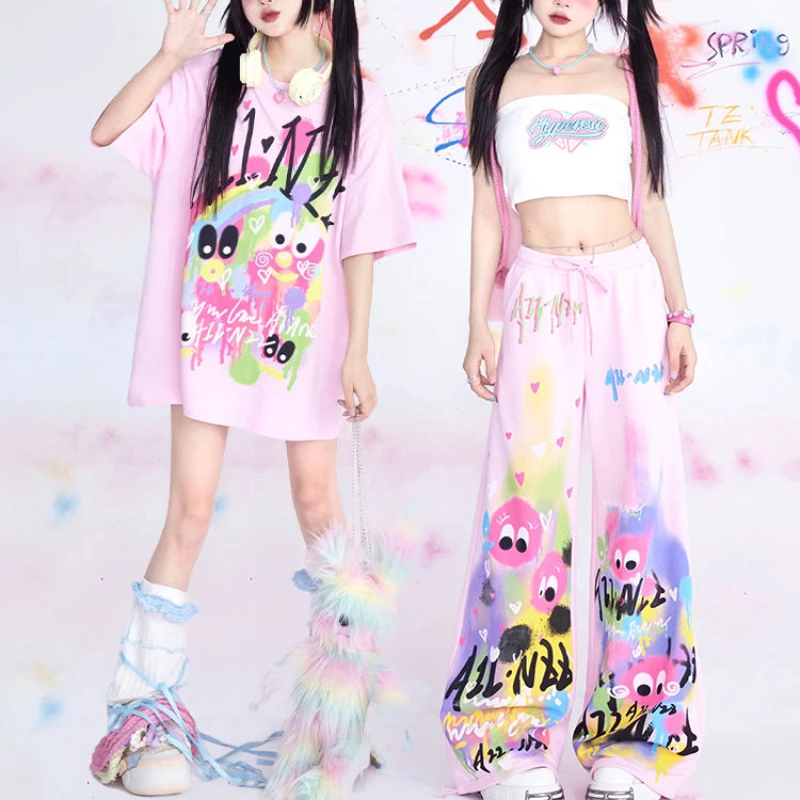 

Summer New Pink Graffiti Pant Sets Women HIP HOP Painted O-neck Short Sleeve Tops + Casual Loose High Waist Wide Leg Pants