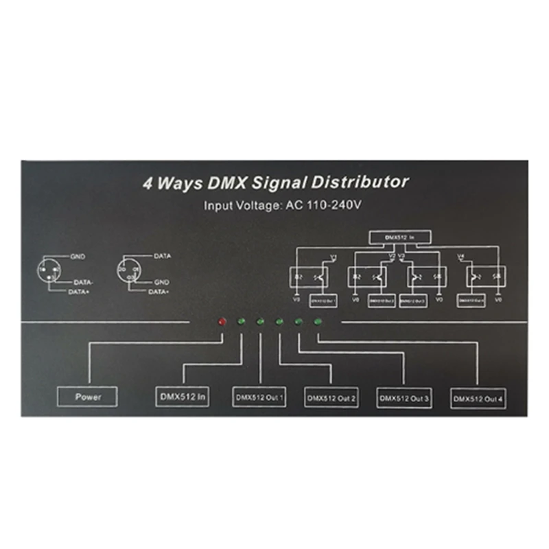 

AC100V-240V Input DMX512 1 To 4 Hub DMX Signal Repeater Splitter 4 XLR-3 Output Distributor Power Amplifier EU Plug