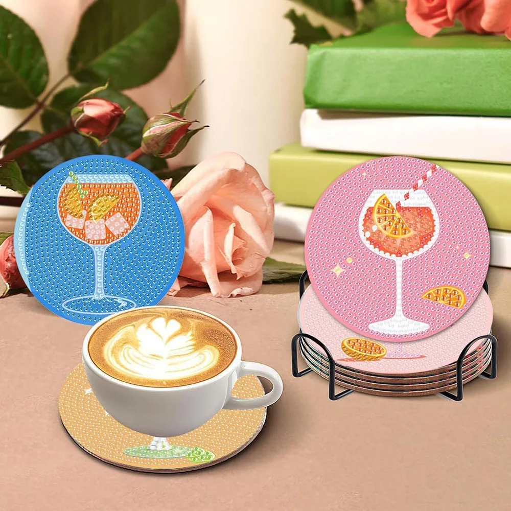 8PCS Retro Diamond Painting Coaster Kits Vintage Cocktail Diamond Art Coasters with Holder 5D DIY Full Drill Art Kits