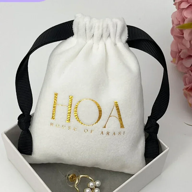 Custom Logo White Drawstring Bag Soft Velvet Jewelry Packaging Bags for Jewelry Storage Small Pouch Favor Gift Bag 20pcs 100 custom deboss logo print drawstring bags custom jewelry packaging bags pouches skincare favor bags velvet earring package