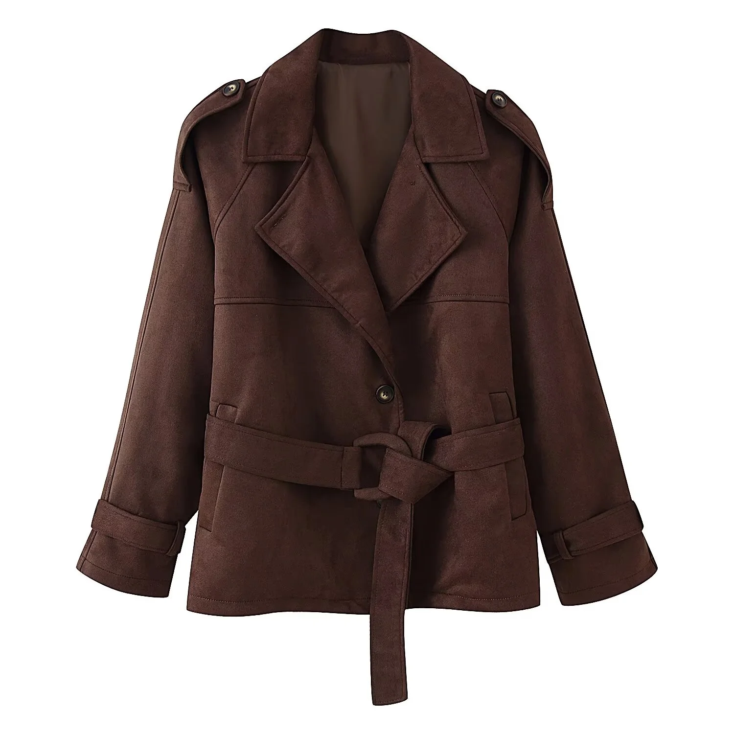 Women Retro Chic Brown Suede Cropped Trench Jacket With Belt Female Turn-Down Collar Lace-Up Autumn Winter Outerwear Lady Jacket