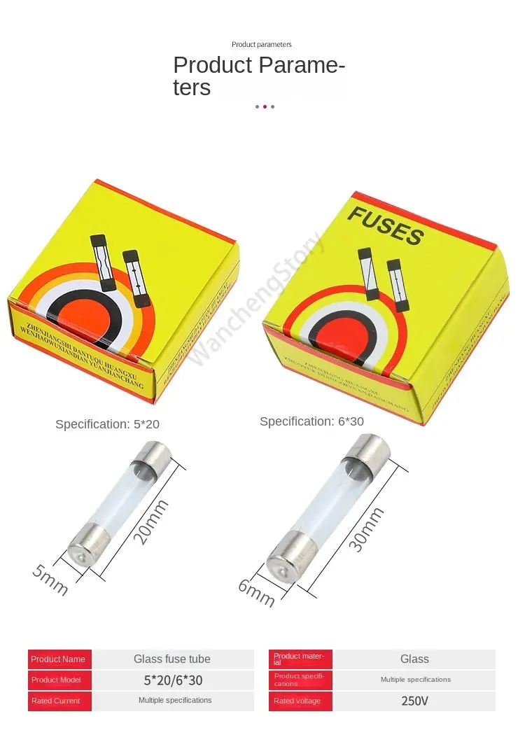 Description Picture 5 of item10/100PCS Fuse tube 5x20 6x30 glass fuse tube 250v0.1A 0.2A0.5A1A2A3A5A6 10A15A20A30A
