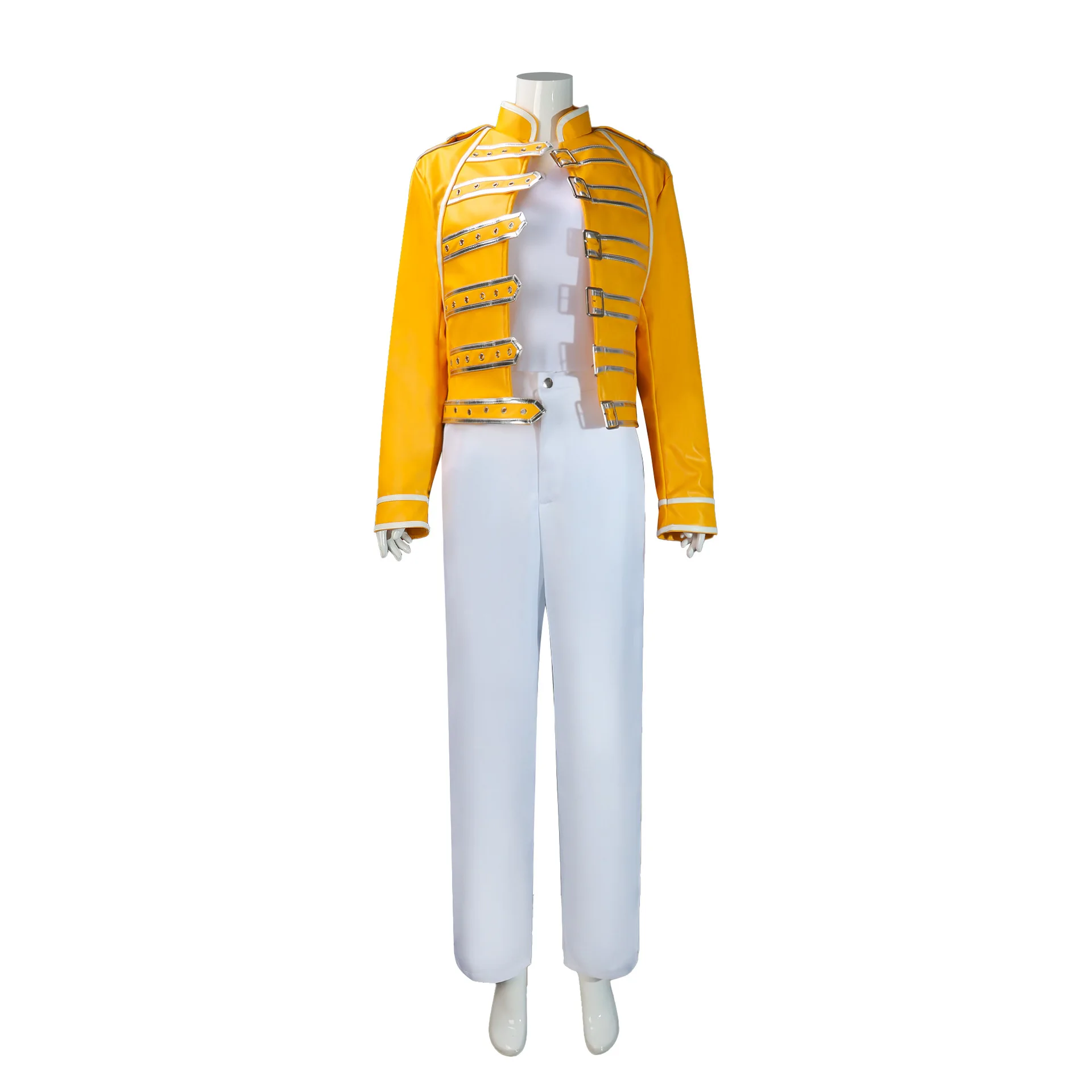 Queen Lead Vocals Freddie Mercury Cosplay Costume Yellow Leather Jacket Coat Unisex Halloween Carnival Outfit