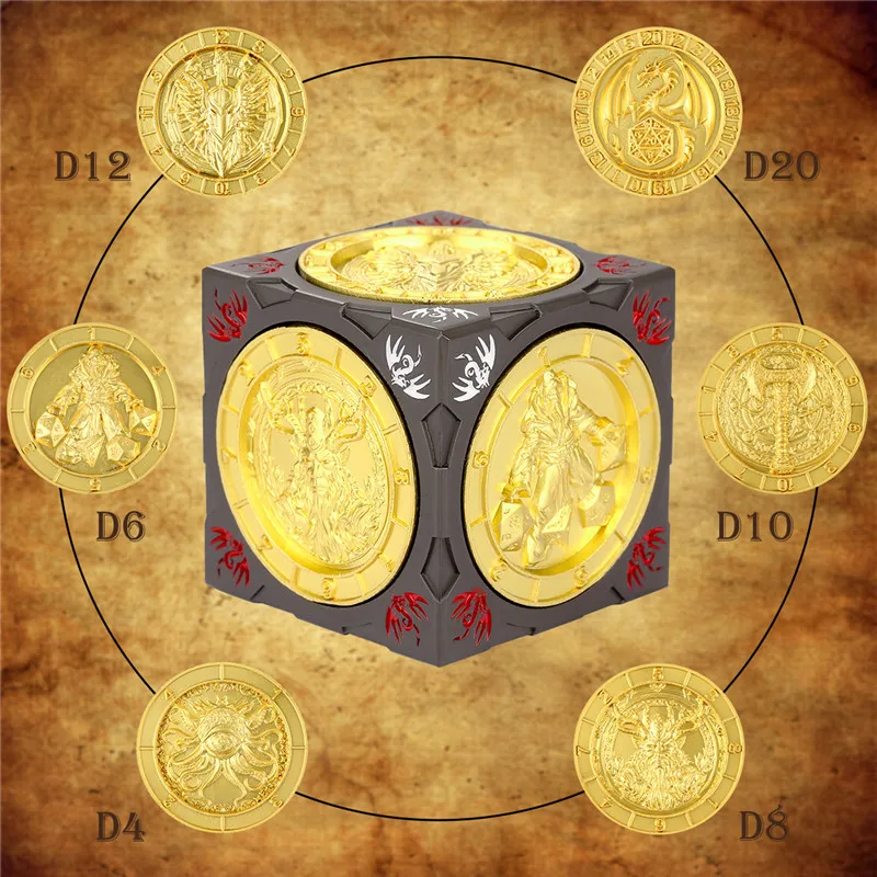 Retro drehbare Würfel mit sechs Mustern D4/d6D/d8/d10/d12/d20 7-in-1 Metall polyedrische drehbare Würfel für RPG-Rollenspiel-Set – Detail 6