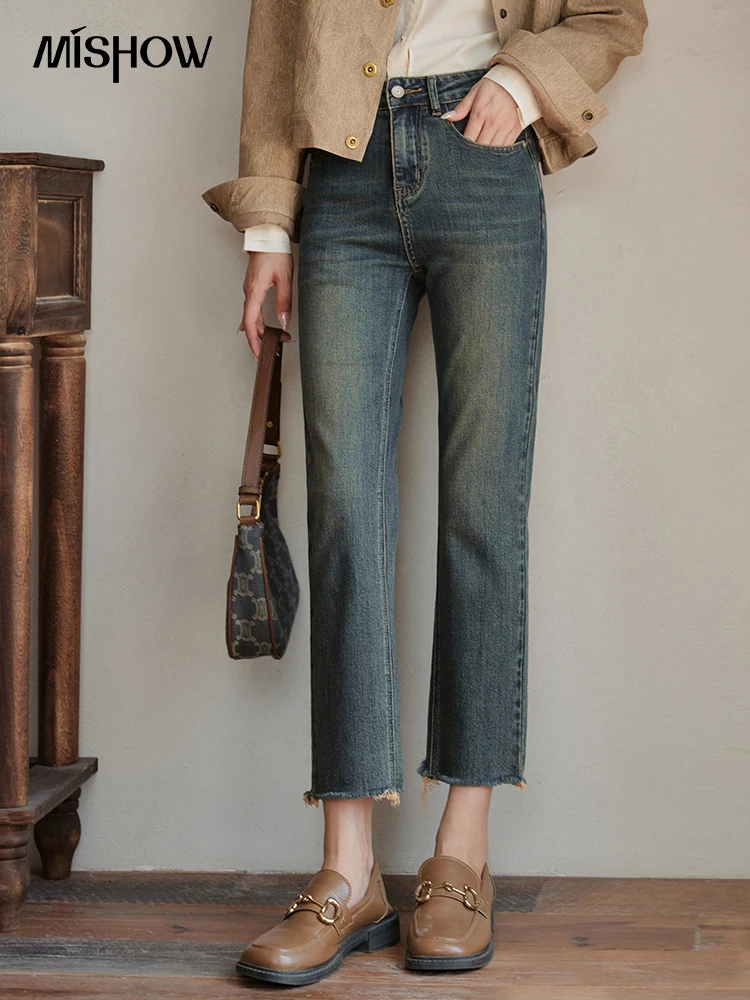 MISHOW Retro Straight Denim Jeans for Women Autumn 2023 High Waist Cotton Elastic Denim Female Ankle-Length Pants MXC42K0459