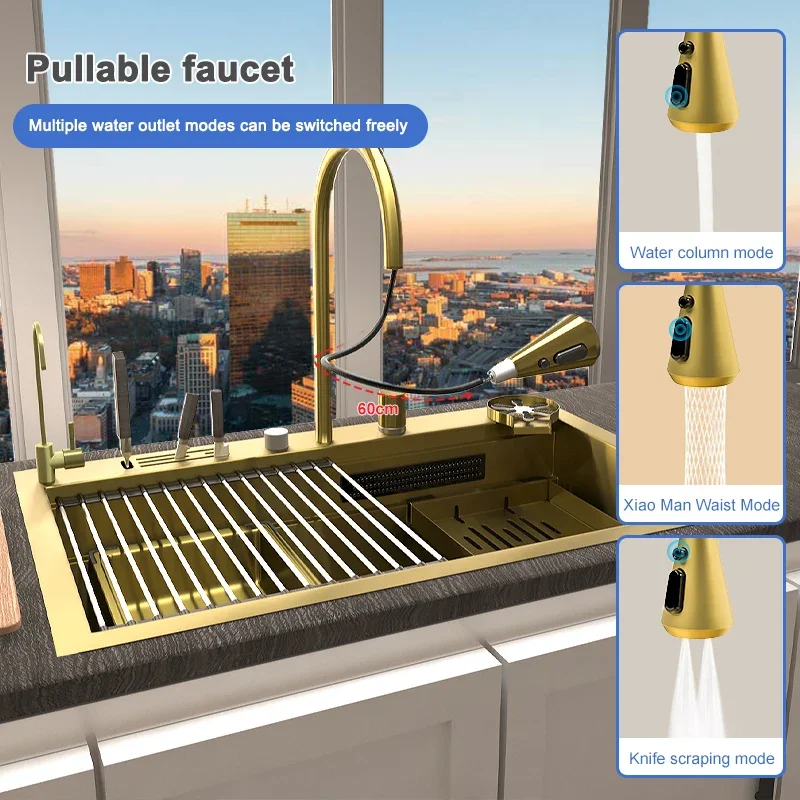 Waterfall Kitchen Sink Golden Large Single Slot 304 Stainless Steel Sink Household Washbasin Under The Counter Basin for Kitchen