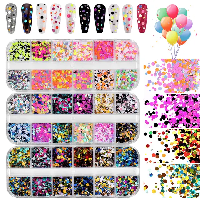 106 Color Nail Sequin 12 grids Box Nail Art Flake Nail Glitter Paillette Mixed Round Thin Dot Glitter 3D Nail Art Stickers