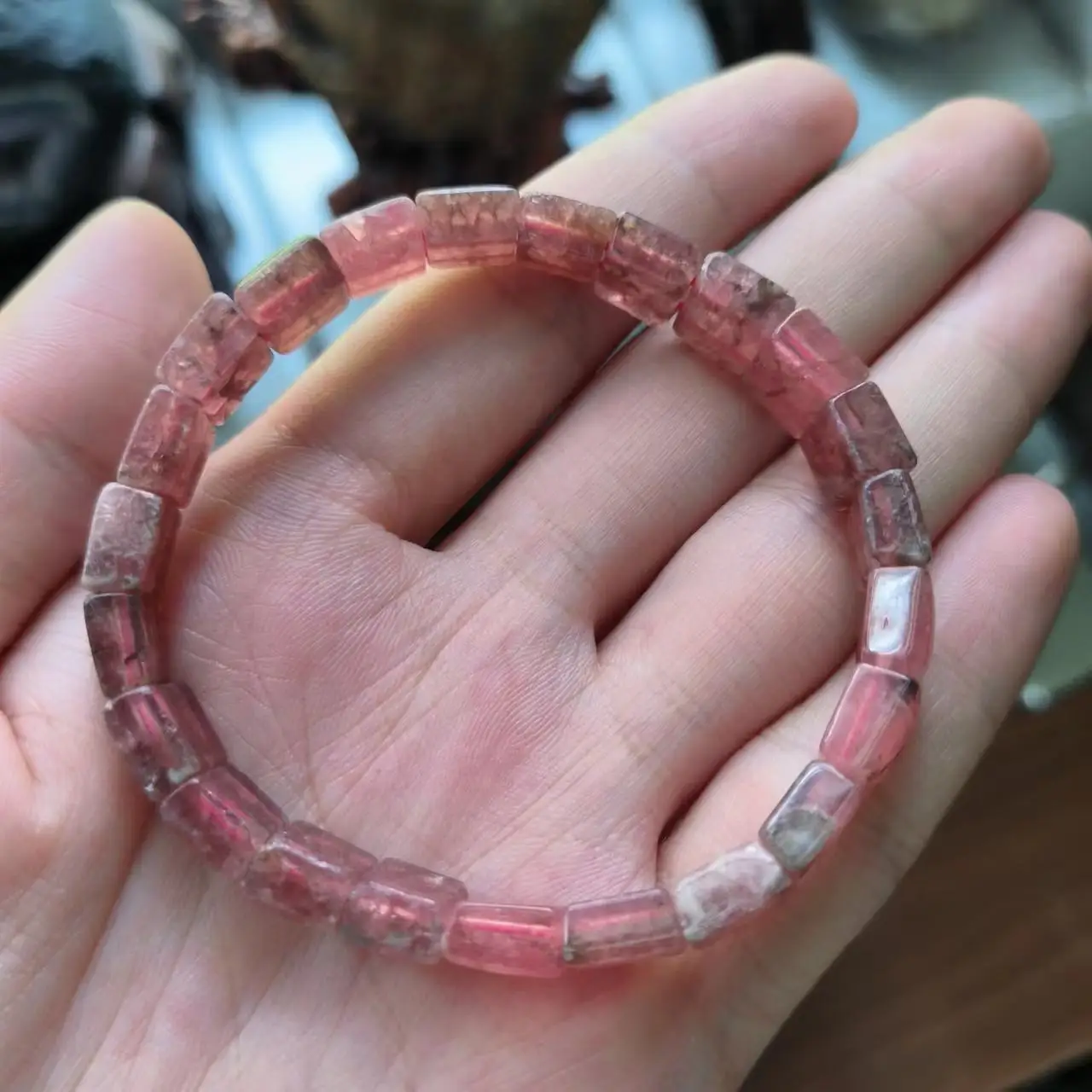 1pcs/lot Natural Rhodolite Bracelet square beads pink water female retro accessories gem jewelry amulet folk-custom high quality