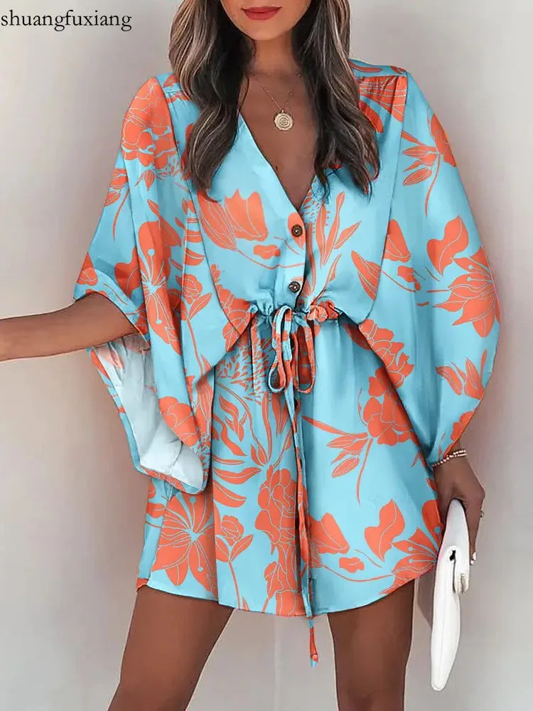 

Fashion Leaf Print Irregular Dress Woman Elegant V-neck Batwing Sleeve Party Vestidos Summer Casual Boho Lace Up Mini Dresses