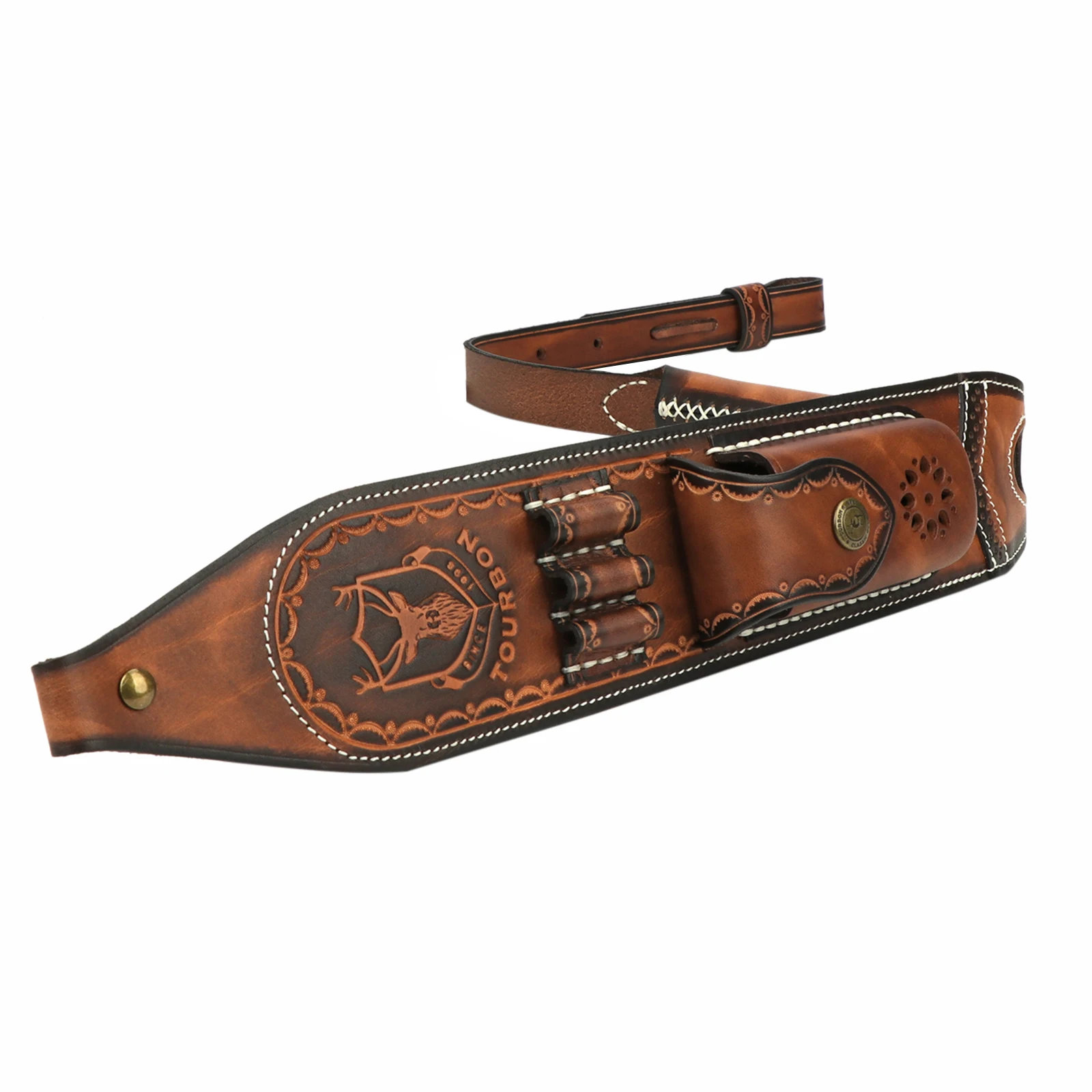 Tourbon Schießsport-Leder-Gewehrriemen Vintage Gewehr-Schulterriemen mit Patronen-Munitionshalter-Tasche und Drehgelenken für Schießen und Jagd Braun – Detail 17