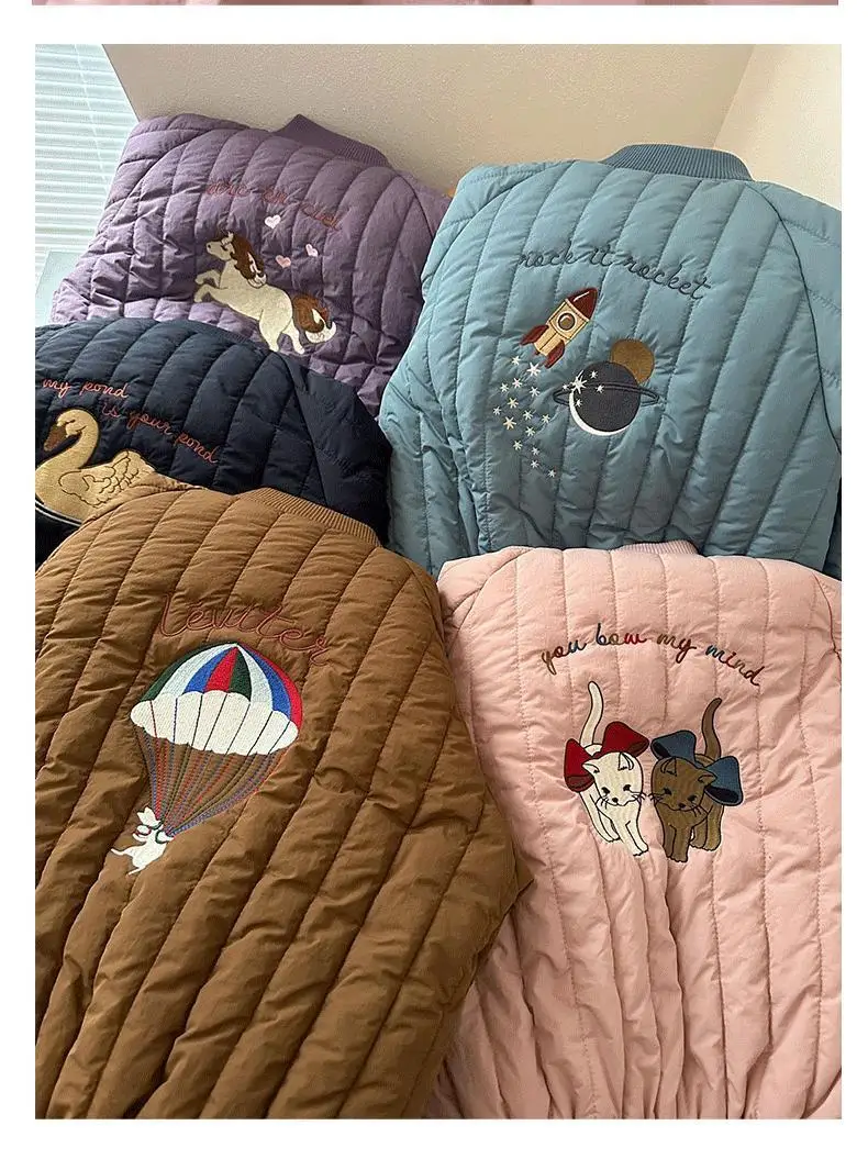 Embroidery Cartoon Winter Kids Jacket Plush Thicken Cotton Warm Windproof Girls Outerwear Coats Kids Jackets for Boys