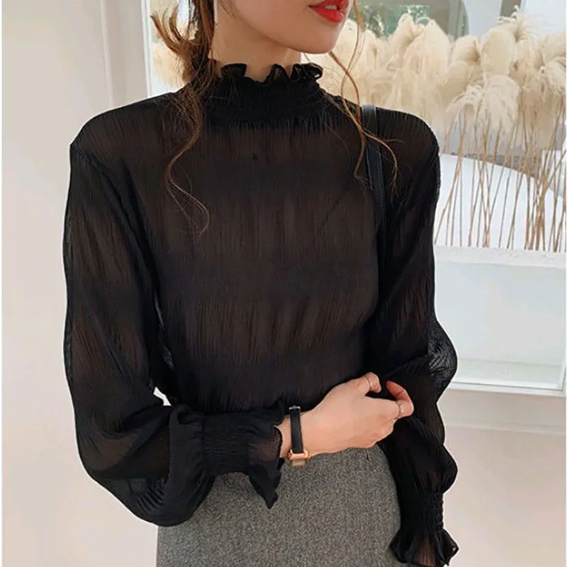 Elegant Turtleneck Folds Ruffles Blouse Women's Clothing 2022 Autumn New Loose Casual Pullovers All-match Office Lady Shirt ruffles turtleneck дно свитер женщин весна осень похудение поддельные двух частей pullover свитер кружева ruffles вязать свитер top