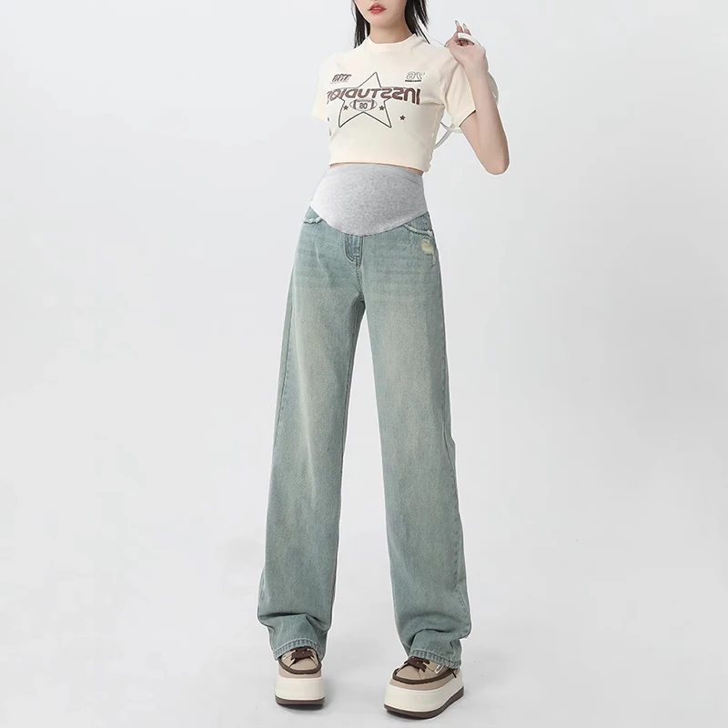임산부를 위한 고민 워싱 데님 청바지, 레트로 캐주얼 뱃살 슬림 스트레이트 팬츠, 빈티지 여름 임신 