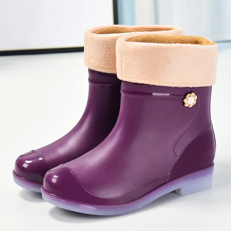 Hot 2023 Women Mid-calf PVC Rain Boots Slip-on Short Rain Shoes Waterproof Water Shoes Wellies