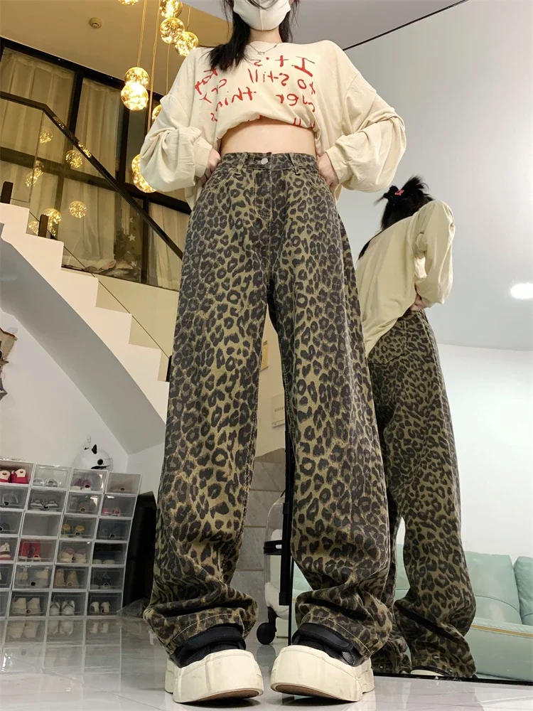 2024 Women's Style Leopard Print Denim Trousers American Vintage Street Style Jeans Casual Female High Waist Straight Pants